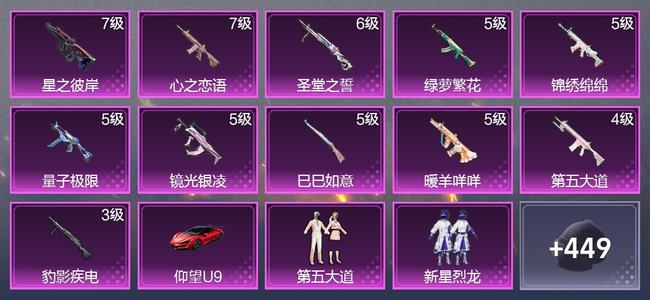 和平精英1载具 11升级枪 5粉装 2尾迹 277枪皮 200套装 86591热力 13印记