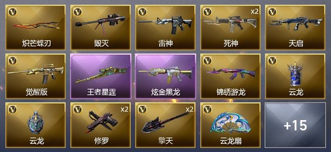 穿越火线（CF）1王者武器 1炫金武器 17V武器 1V角色 9皮肤 可排位 传奇