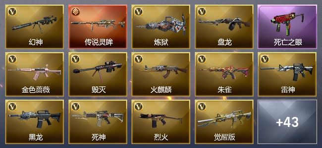 穿越火线（CF）1传说武器 10王者武器 4炫金武器 57V武器 11V角色 21皮肤 可排位
