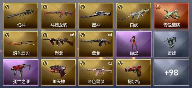 穿越火线（CF）1传说武器 7王者武器 4炫金武器 133V武器 2V角色 48皮肤 可排位 枪王