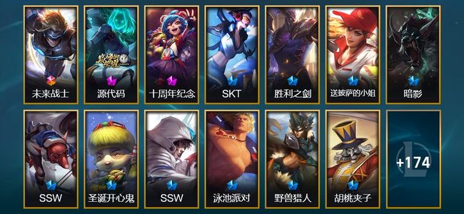 英雄联盟（LOL）1终极 2神话 1臻彩 24限定 24传说 51史诗 187皮肤 38炫彩 142英雄
