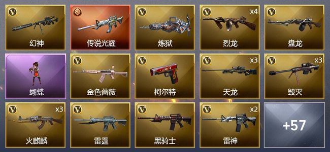 穿越火线（CF）1传说武器 4王者武器 3炫金武器 104V武器 1V角色 21皮肤 可排位 枪王