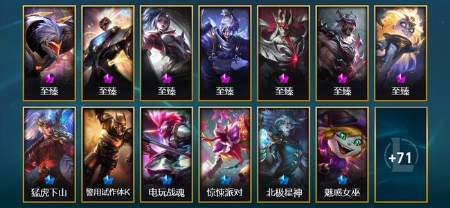 英雄联盟（LOL）7神话 3臻彩 11限定 8传说 84皮肤 49炫彩 96英雄 黄铜