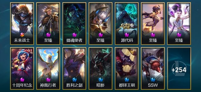 英雄联盟（LOL）1终极 8神话 7臻彩 38限定 28传说 267皮肤 207炫彩 172英雄 翡翠