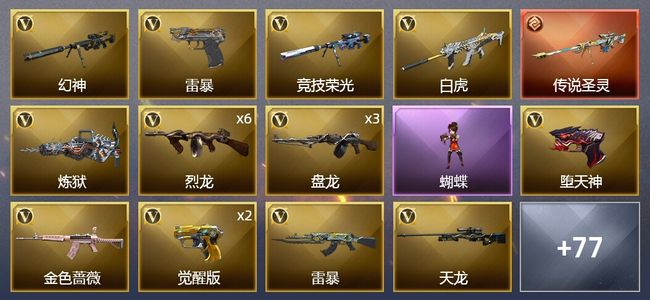 穿越火线（CF）1传说武器 4王者武器 2炫金武器 124V武器 4V角色 33皮肤 可排位 新锐
