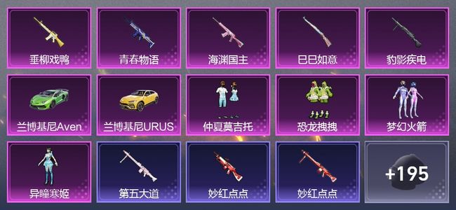 和平精英2载具 5升级枪 4粉装 2尾迹 132枪皮 104套装 4,9968热力 6印记