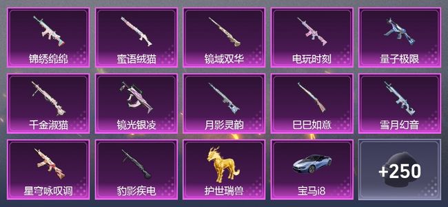 和平精英2载具 13升级枪 7粉装 2尾迹 182枪皮 113套装 65875热力 5印记