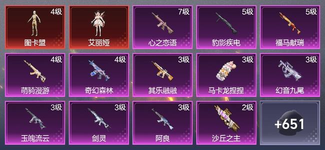 和平精英7载具 20升级枪 14粉装 13尾迹 374枪皮 285套装 13,5596热力 28印记