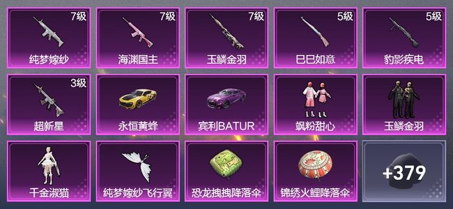 和平精英2载具 6升级枪 3粉装 1飞行器 204枪皮 179套装 74174热力 7印记