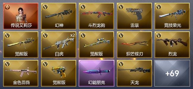 穿越火线（CF）1传说角色 1传说武器 2王者武器 1炫金武器 82V武器 6V角色 25皮肤 不可排位 传奇