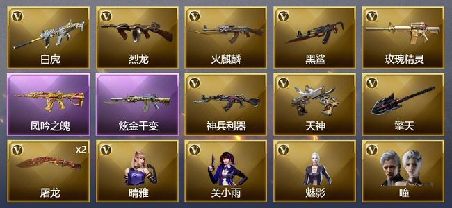 穿越火线（CF）1王者武器 1炫金武器 10V武器 4V角色 5皮肤 不可排位 新锐