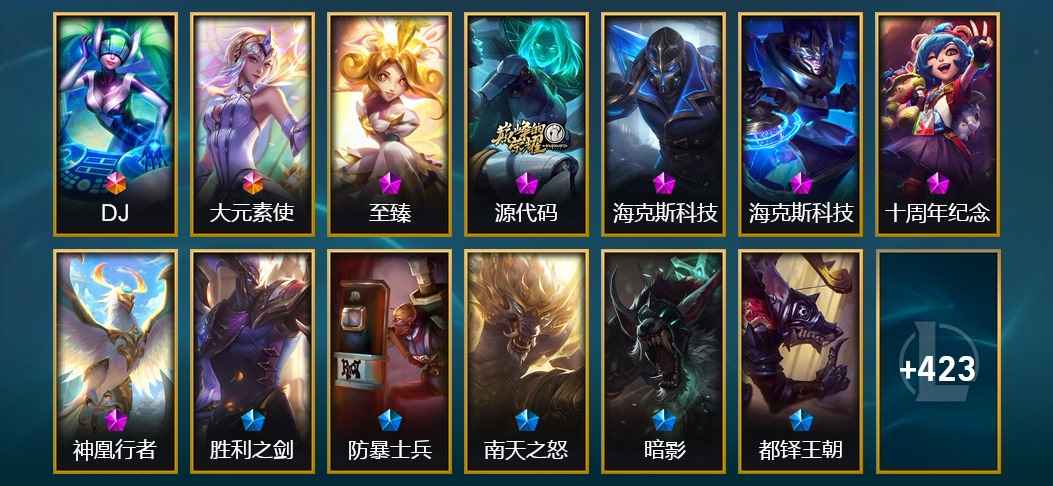 英雄联盟（LOL）2终极 6神话 1臻彩 51限定 37传说 96史诗 436皮肤 124炫彩 168英雄 铂金