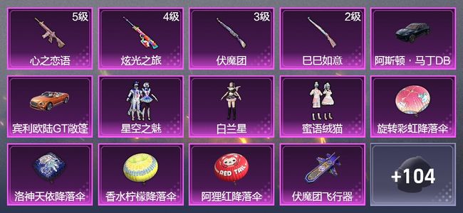 和平精英2载具 4升级枪 3粉装 1尾迹 66枪皮 49套装 22996热力 1印记