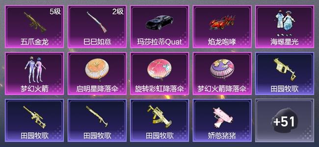 和平精英【苹果版】2载具 2升级枪 2粉装 29套装 1,3747热力 2印记 黄金
