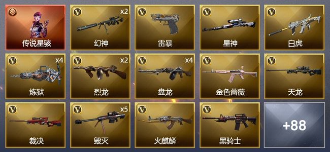 穿越火线（CF）1传说角色 1传说武器 6王者武器 3炫金武器 119V武器 5V角色 28皮肤 可排位 枪王