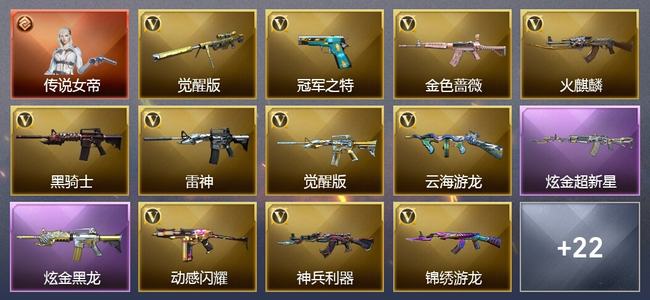 穿越火线（CF）1传说角色 2炫金武器 22V武器 2V角色 11皮肤 可排位 枪王