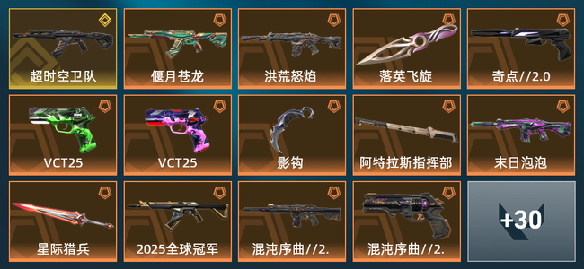 无畏契约13橙皮 1金皮 5紫皮 44皮肤 29210皮肤总价值 745已用源晶 白银