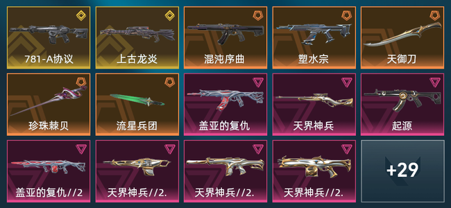 无畏契约5橙皮 2金皮 8紫皮 44皮肤 20360皮肤总价值 640已用源晶