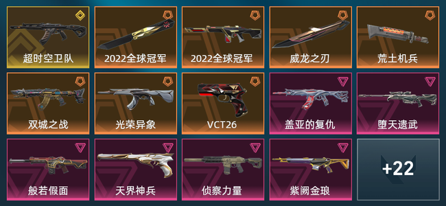 无畏契约7橙皮 1金皮 6紫皮 36皮肤 23150皮肤总价值 755已用源晶 黄金
