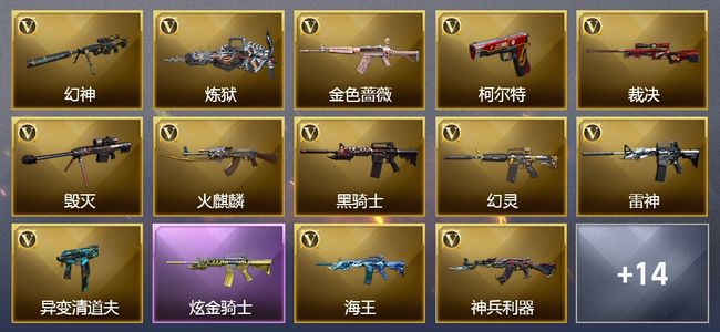 穿越火线（CF）1王者武器 1炫金武器 30V武器 1V角色 10皮肤 可排位