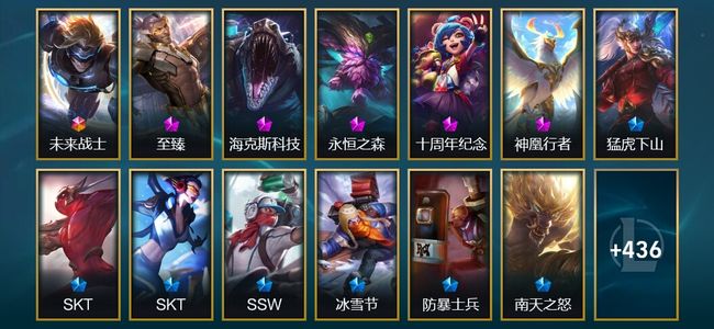 英雄联盟（LOL）1终极 5神话 4臻彩 68限定 51传说 449皮肤 65炫彩 172英雄 白银