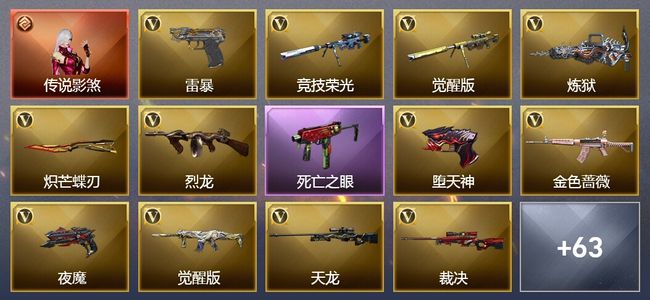 穿越火线（CF）1传说角色 1传说武器 6王者武器 3炫金武器 126V武器 50V角色 35皮肤 可排位