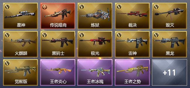 穿越火线（CF）1传说武器 6王者武器 4炫金武器 26V武器 11V角色 8皮肤 可排位