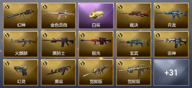 穿越火线（CF）3王者武器 1炫金武器 61V武器 23V角色 14皮肤 可排位