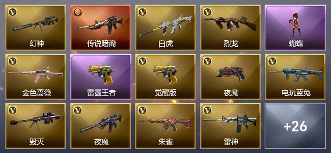 穿越火线（CF）1传说武器 12王者武器 1炫金武器 45V武器 14V角色 6皮肤 可排位