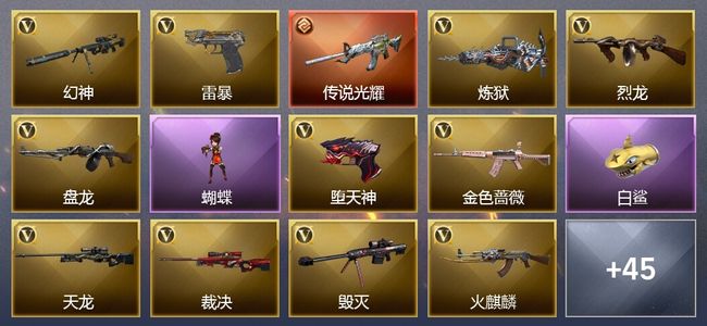 穿越火线（CF）1传说武器 7王者武器 3炫金武器 59V武器 18V角色 19皮肤 可排位