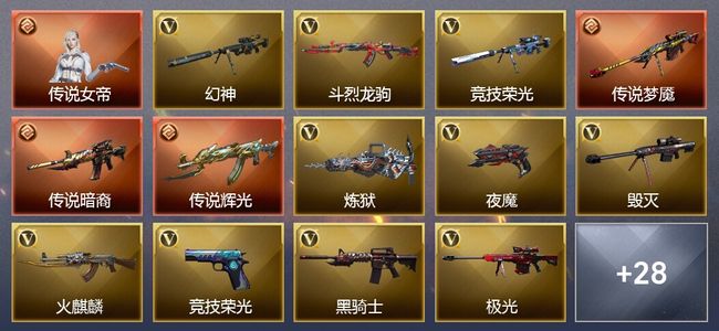 穿越火线（CF）1传说角色 3传说武器 4王者武器 28V武器 19V角色 14皮肤 可排位