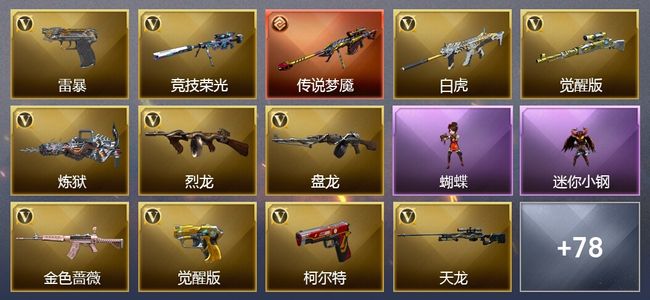 穿越火线（CF）1传说武器 18王者武器 2炫金武器 113V武器 34V角色 30皮肤 可排位