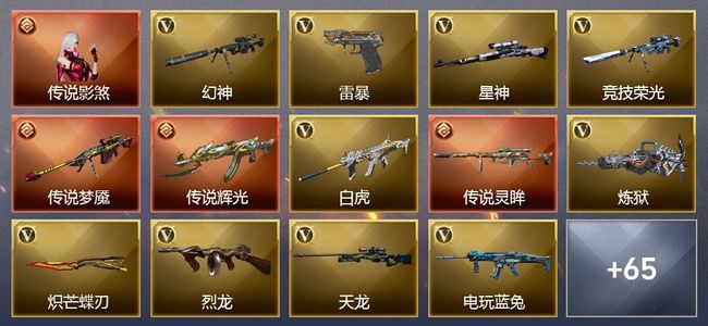 穿越火线（CF）1传说角色 3传说武器 6王者武器 1炫金武器 62V武器 31V角色 23皮肤 可排位
