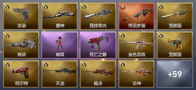 穿越火线（CF）0传说角色 1传说武器 18王者武器 1炫金武器 59V武器 14V角色 13皮肤 可排位 无