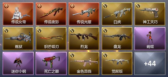 穿越火线（CF）1传说角色 2传说武器 6王者武器 1炫金武器 59V武器 28V角色 13皮肤 可排位 无