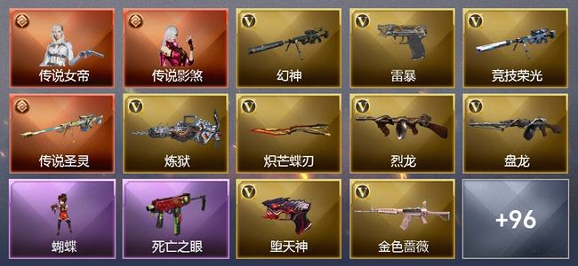 穿越火线（CF）2传说角色 1传说武器 37王者武器 4炫金武器 105V武器 34V角色 35皮肤 可排位 无