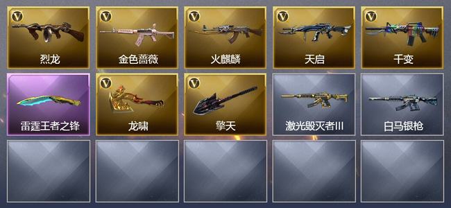 穿越火线（CF）0传说角色 0传说武器 1王者武器 0炫金武器 10V武器 7V角色 2皮肤 可排位 无