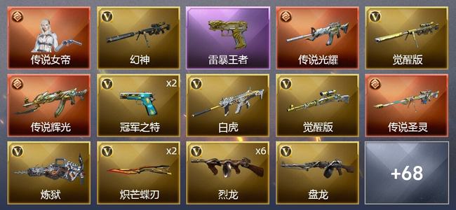 穿越火线（CF）1传说角色 3传说武器 12王者武器 2炫金武器 78V武器 2V角色 17皮肤 可排位 枪王