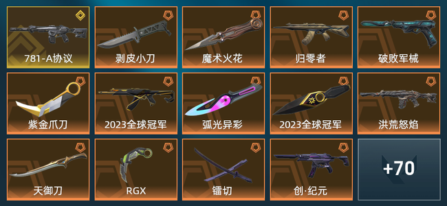 无畏契约21橙皮 1金皮 12紫皮 84皮肤 57720皮肤总价值 950已用源晶