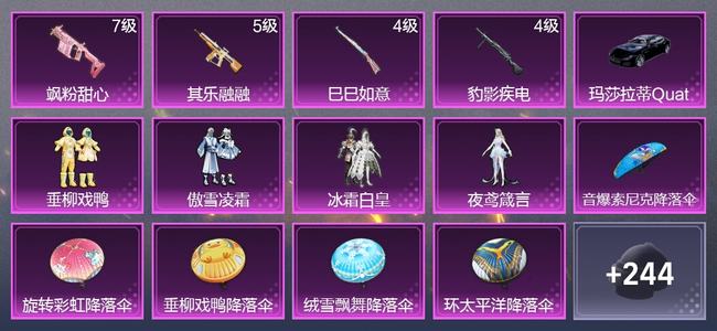 和平精英1载具 4升级枪 4粉装 1尾迹 145枪皮 107套装 46615热力 3印记 星钻