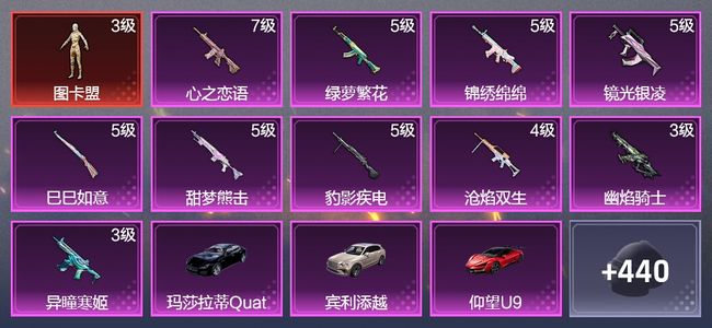 和平精英3载具 10升级枪 3粉装 243枪皮 197套装 89529热力 15印记 星钻