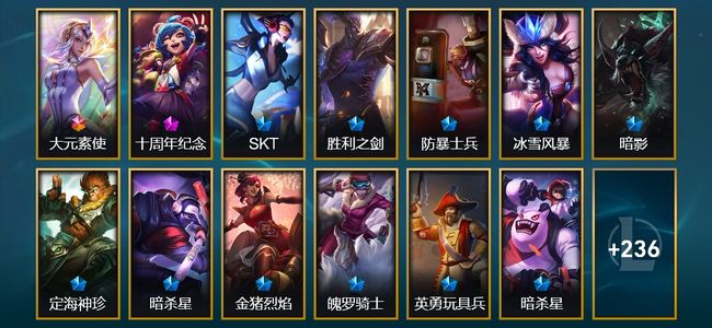 英雄联盟（LOL）1终极 1神话 2臻彩 38限定 27传说 249皮肤 3炫彩 128英雄