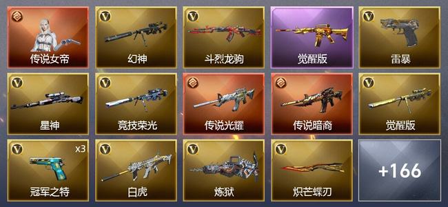 穿越火线（CF）1传说角色 2传说武器 5王者武器 4炫金武器 206V武器 9V角色 87皮肤 可排位