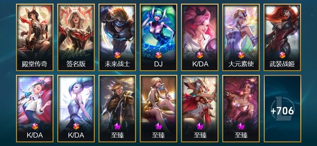 英雄联盟（LOL）2卓越 7终极 27神话 26臻彩 125限定 69传说 719皮肤 276炫彩 173英雄 黄金