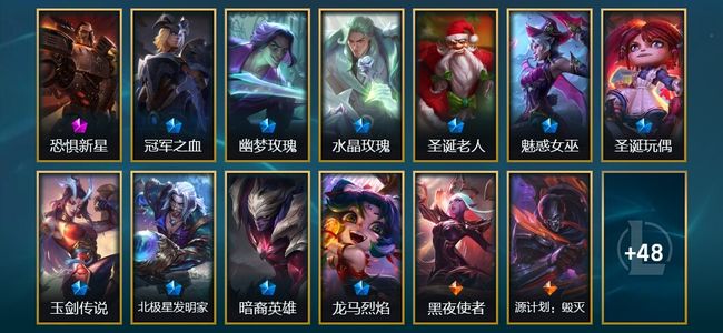 英雄联盟（LOL）1神话 3臻彩 10限定 10传说 61皮肤 17炫彩 115英雄 翡翠