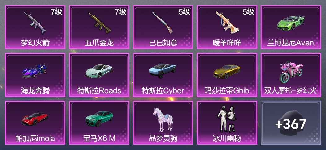 和平精英9载具 4升级枪 14粉装 4飞行器 200枪皮 180套装 86340热力 5印记 星钻