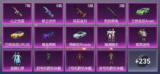 和平精英4载具 4升级枪 8粉装 1飞行器 125枪皮 114套装 56277热力 9印记 星钻