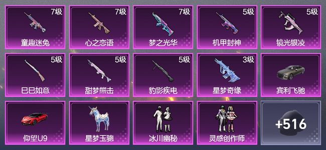 和平精英3载具 9升级枪 19粉装 1飞行器 304枪皮 227套装 100172热力 24印记 王牌