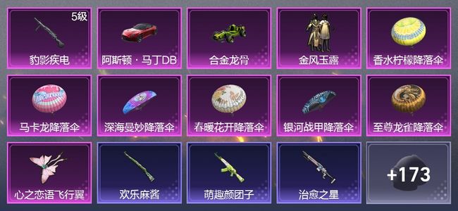 和平精英2载具 1升级枪 1粉装 1尾迹 115枪皮 86套装 35100热力 3印记