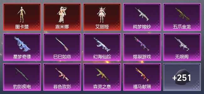 和平精英2载具 16升级枪 5粉装 6尾迹 140套装 7,1961热力 11印记